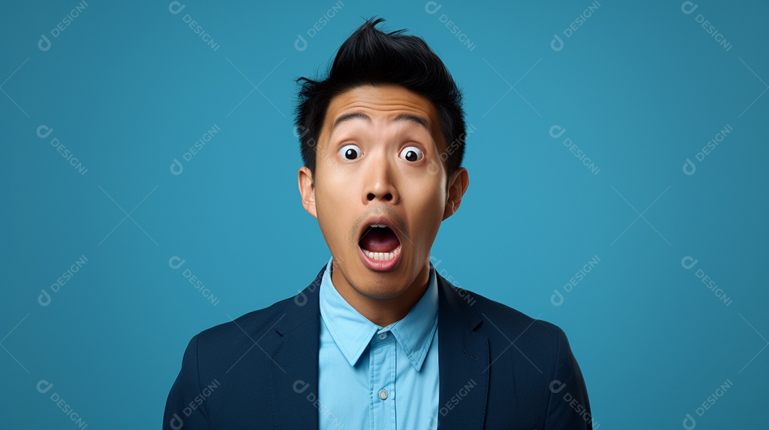 Homem asiático fazendo uma expressão chocada em um fundo bronzeado