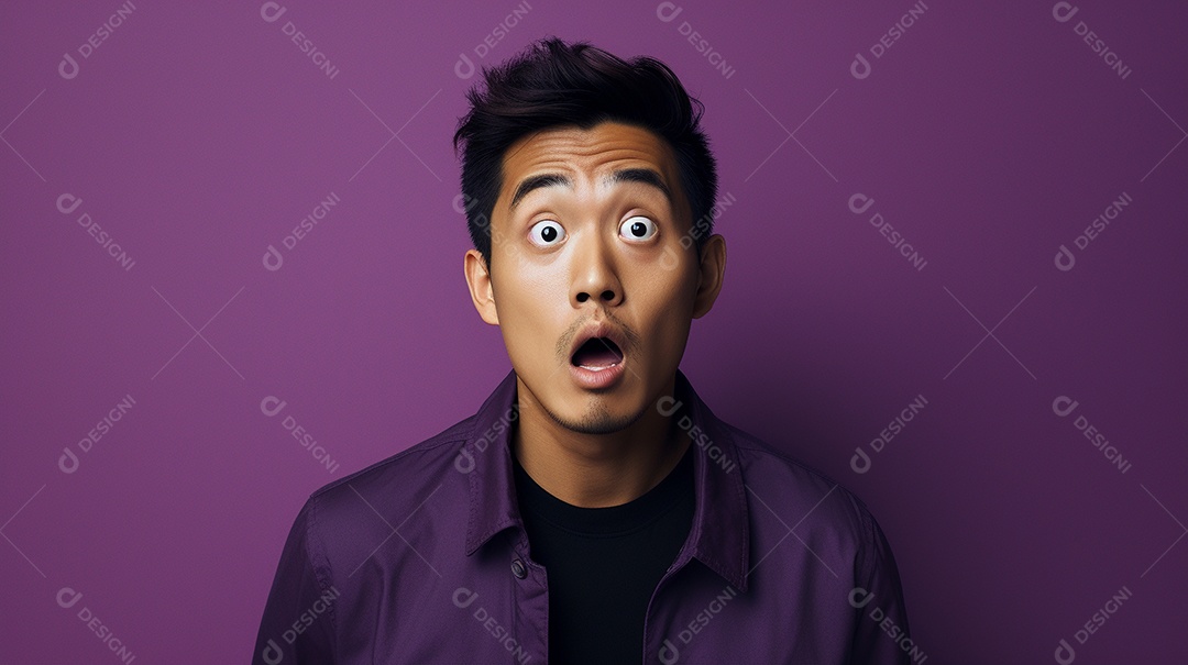 Homem asiático fazendo uma expressão chocada em um fundo bronzeado
