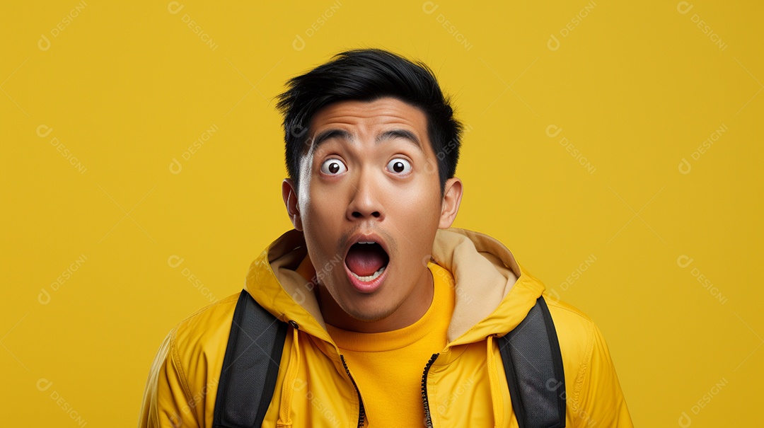 Homem asiático fazendo uma expressão chocada em um fundo bronzeado