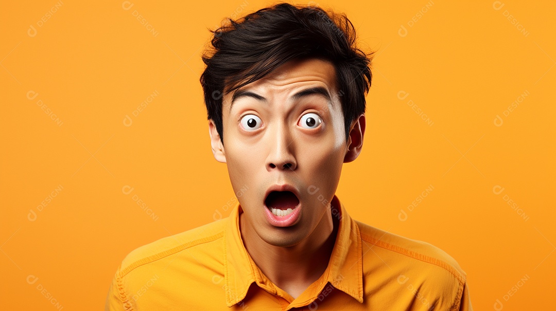 Homem asiático fazendo uma expressão chocada em um fundo bronzeado