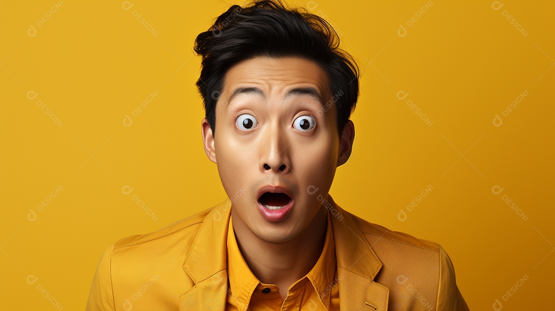 Homem asiático fazendo uma expressão chocada em um fundo bronzeado