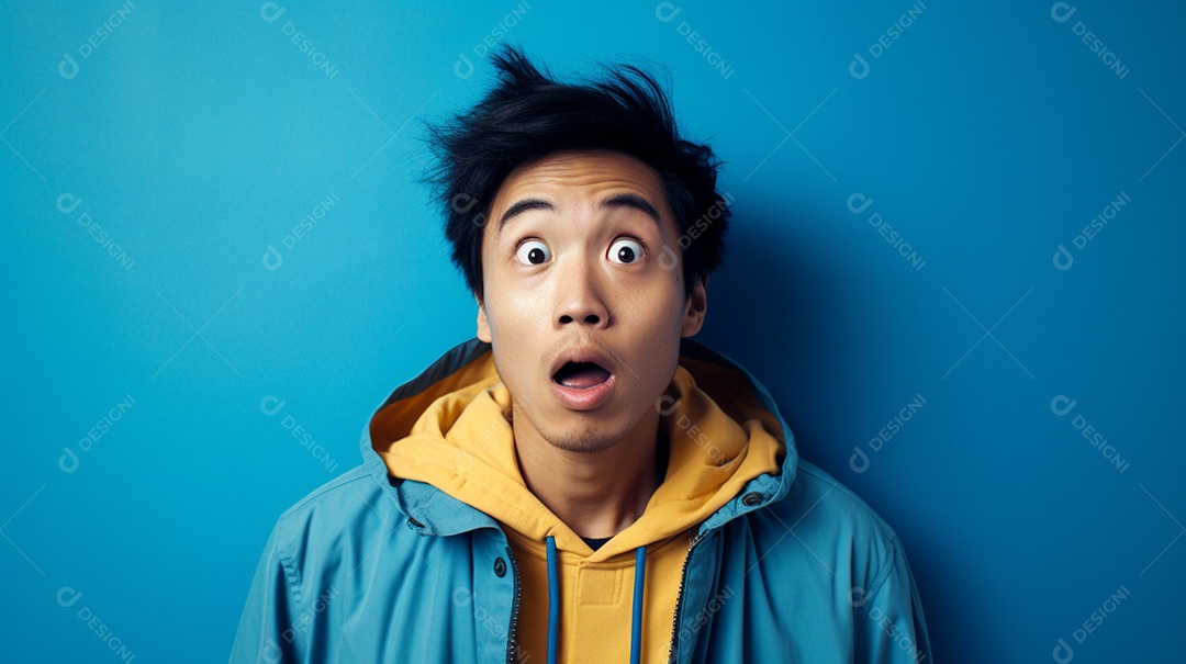 Homem asiático fazendo uma expressão chocada em um fundo bronzeado