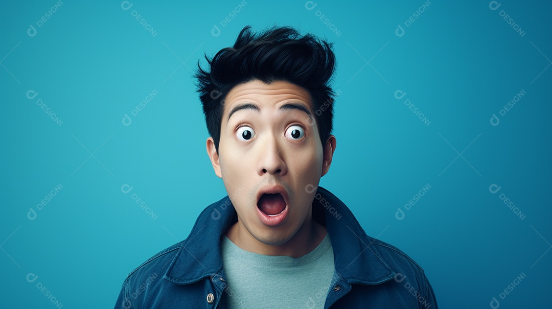 Homem asiático fazendo uma expressão chocada em um fundo bronzeado