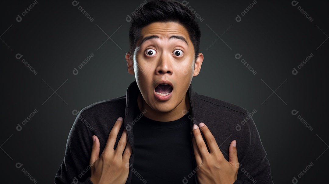 Um homem asiático fazendo uma expressão chocada em um fundo bronzeado