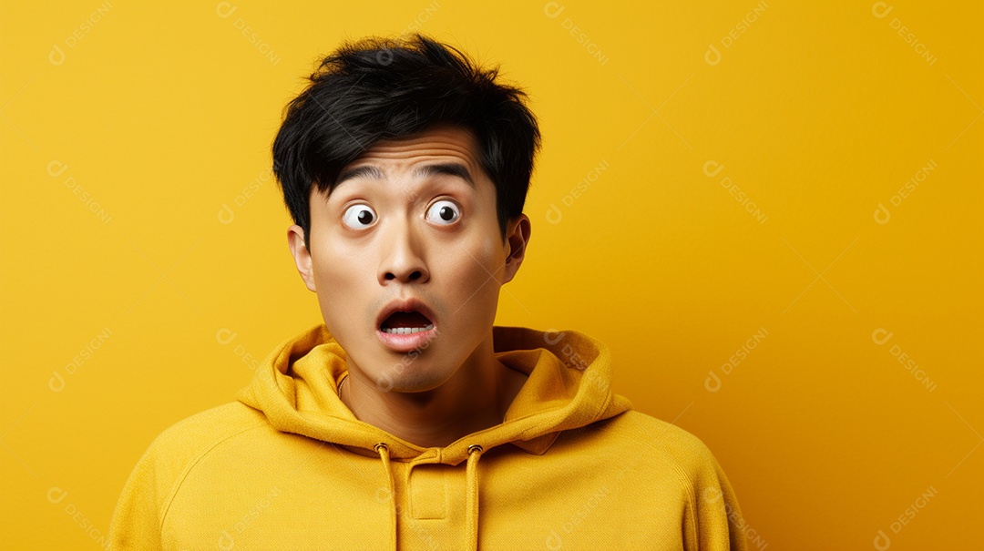 Um homem asiático fazendo uma expressão chocada em um fundo bronzeado