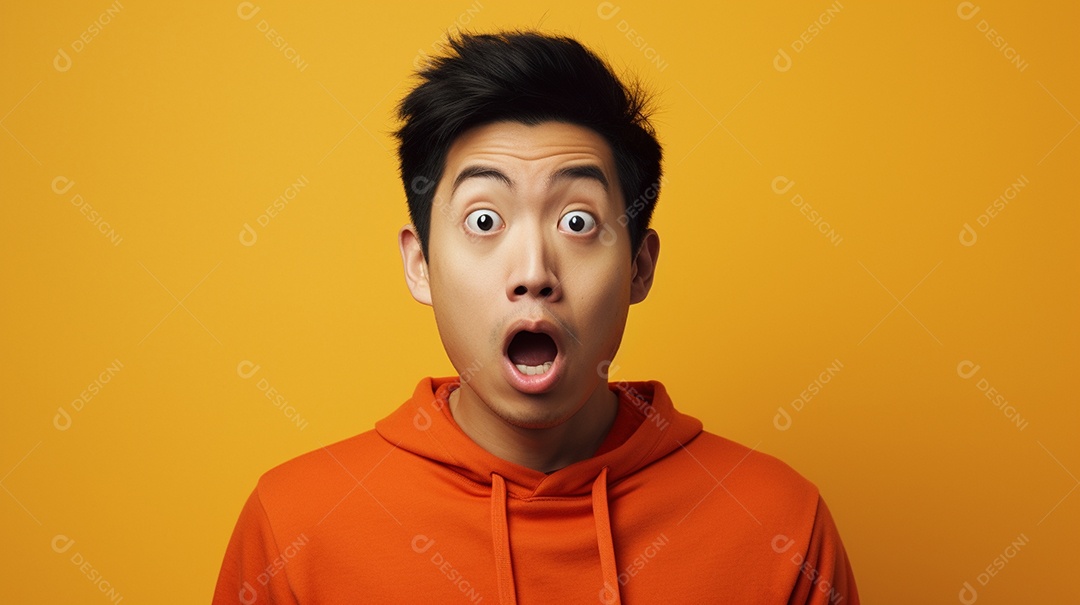 Um homem asiático fazendo uma expressão chocada em um fundo bronzeado