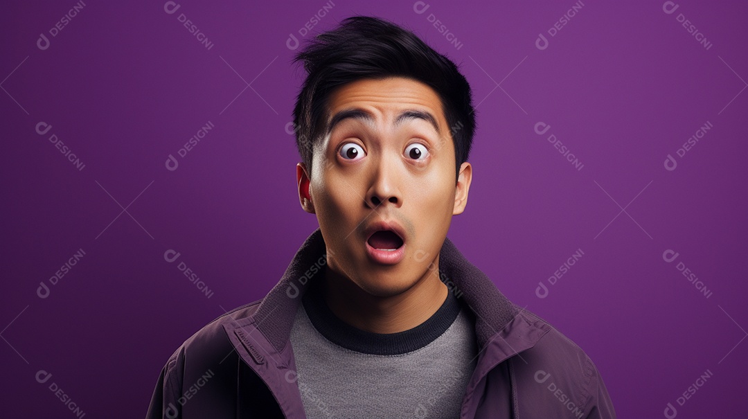 Um homem asiático fazendo uma expressão chocada em um fundo bronzeado