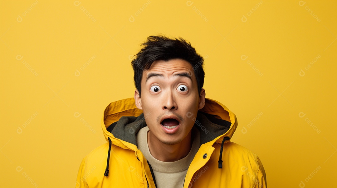 Um homem asiático fazendo uma expressão chocada em um fundo bronzeado