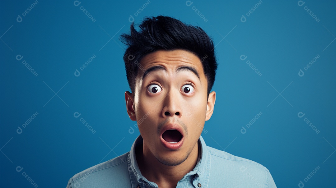 Um homem asiático fazendo uma expressão chocada em um fundo bronzeado