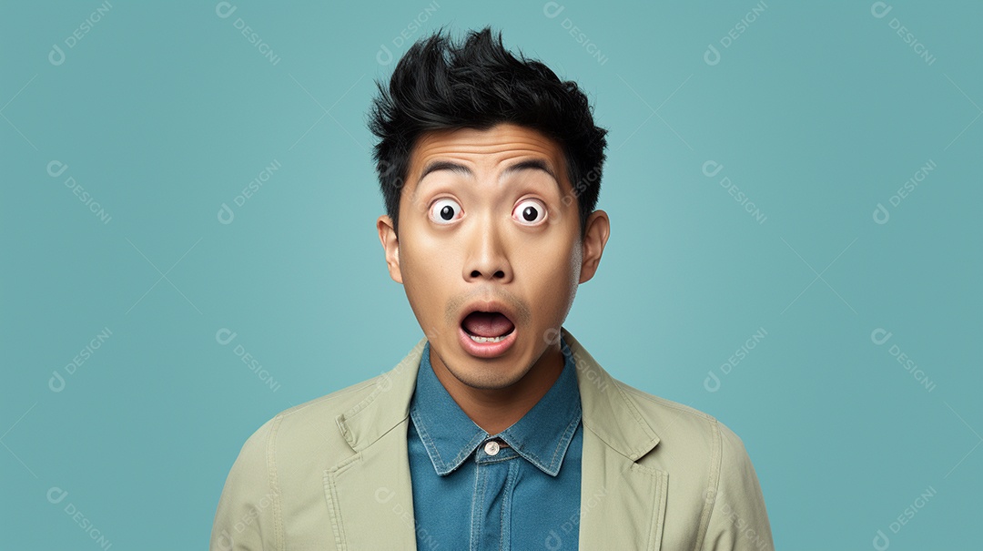 Um homem asiático fazendo uma expressão chocada em um fundo bronzeado