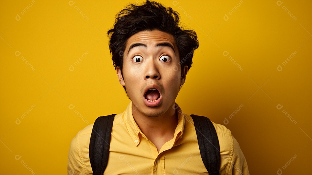 Um homem asiático fazendo uma expressão chocada em um fundo bronzeado