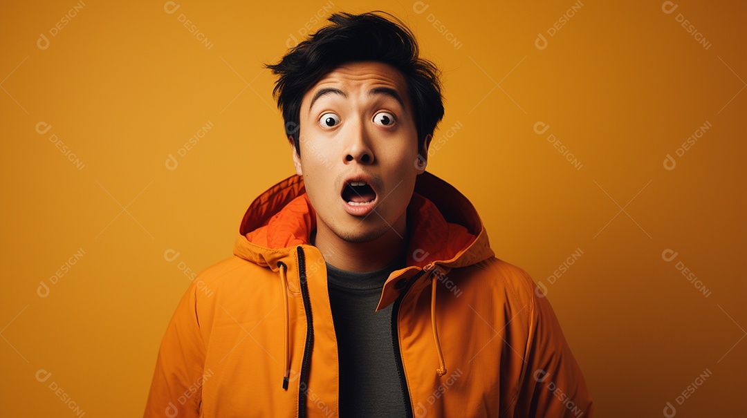 Um homem asiático fazendo uma expressão chocada em um fundo bronzeado