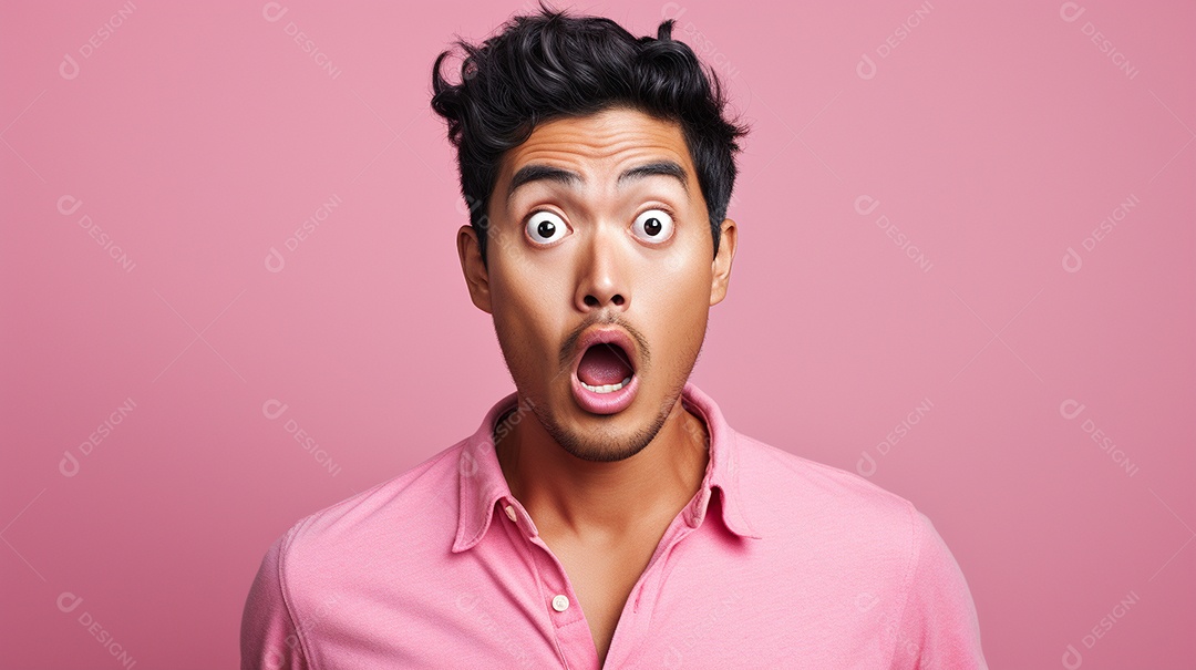 Um homem asiático fazendo uma expressão chocada em um fundo bronzeado