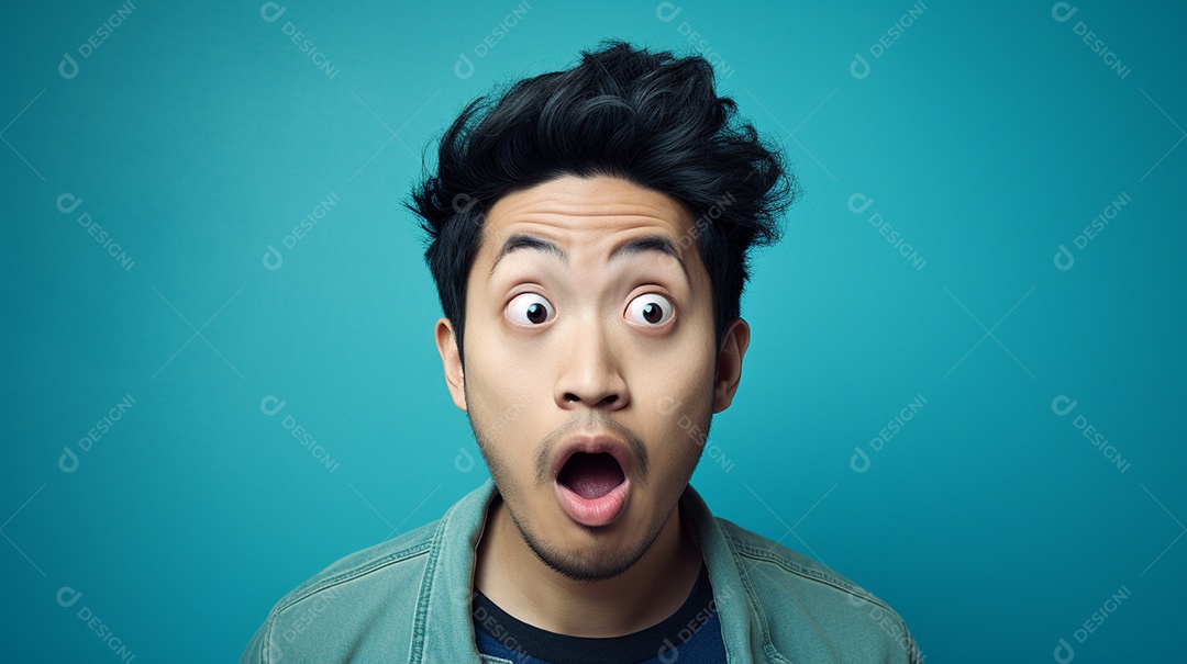 Um homem asiático fazendo uma expressão chocada em um fundo bronzeado