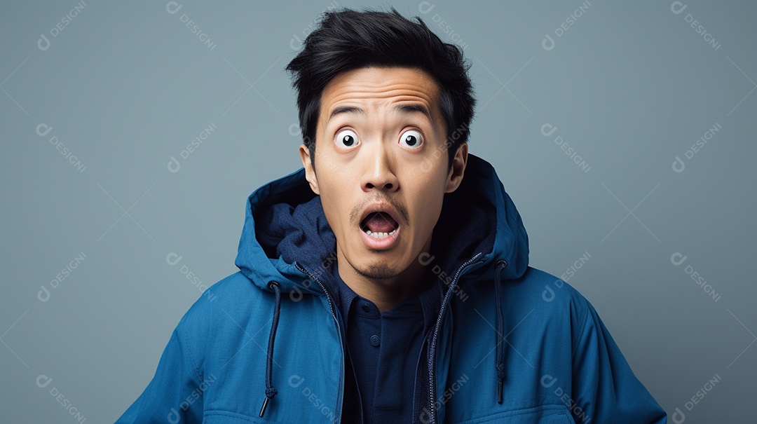 Um homem asiático fazendo uma expressão chocada em um fundo bronzeado