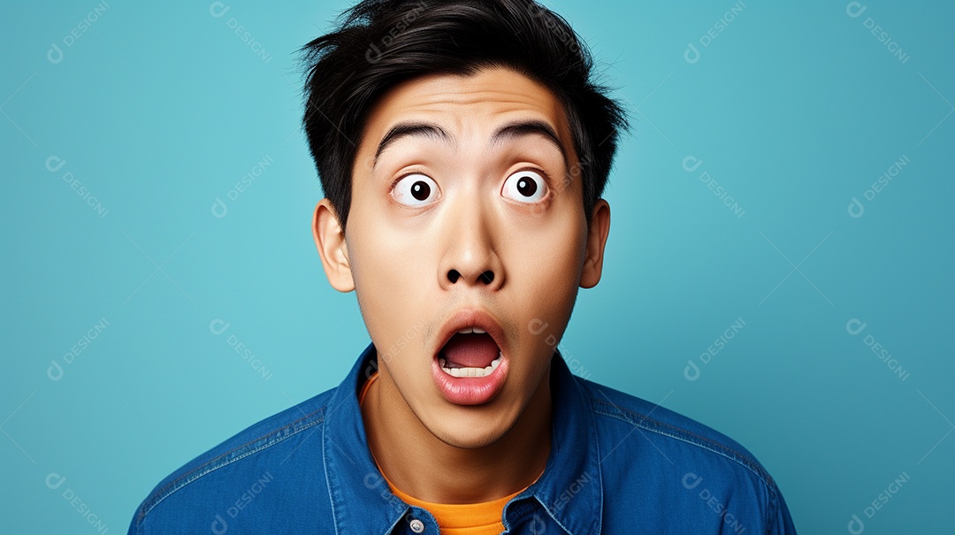 Um homem asiático fazendo uma expressão chocada em um fundo colorido