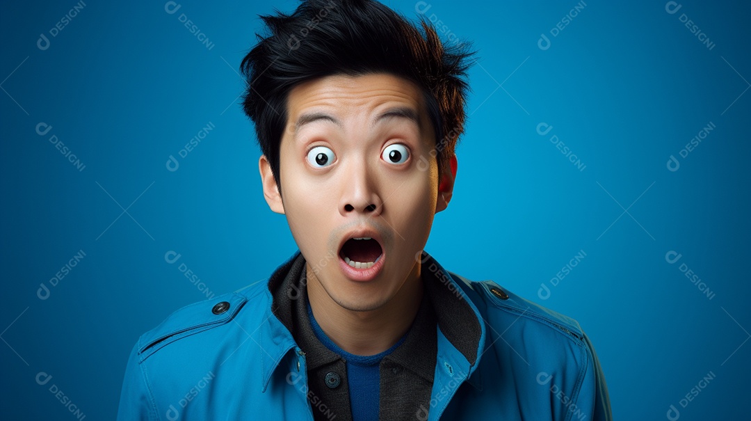 Um homem asiático fazendo uma expressão chocada em um fundo colorido