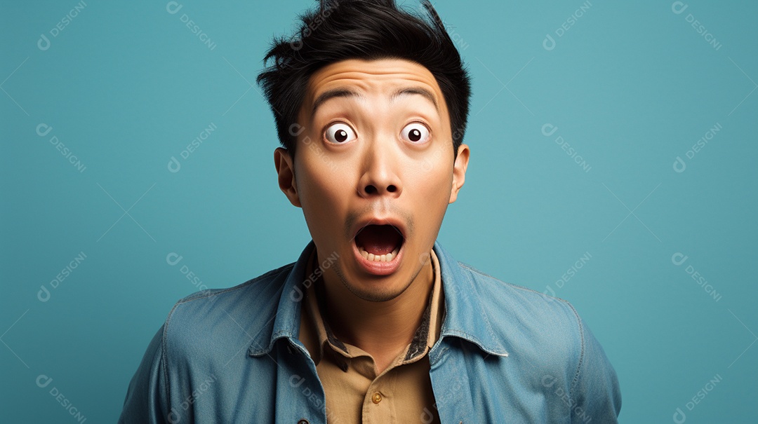 Um homem asiático fazendo uma expressão chocada em um fundo colorido