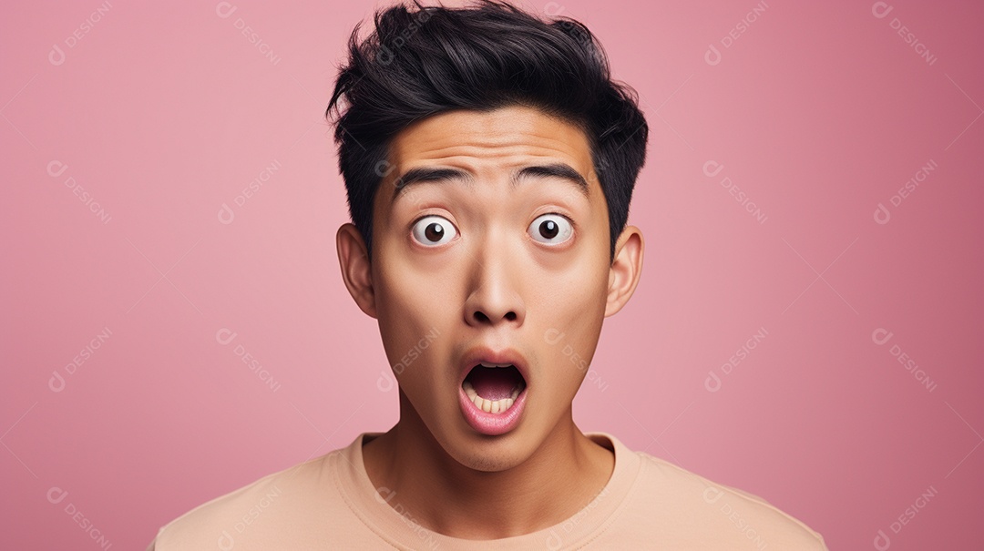 Um homem asiático fazendo uma expressão chocada em um fundo colorido