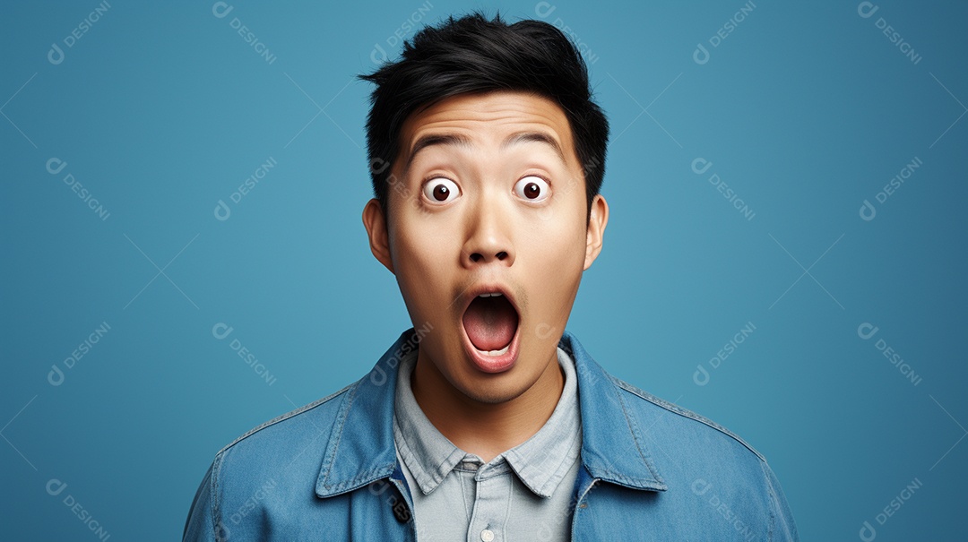 Um homem asiático fazendo uma expressão chocada em um fundo colorido