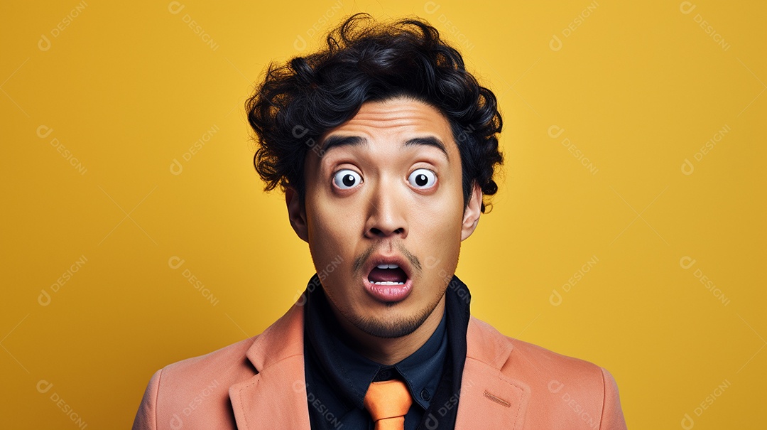 Um homem asiático fazendo uma expressão chocada em um fundo colorido