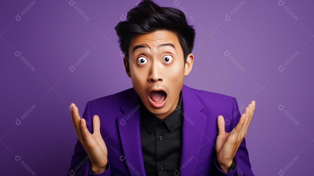 Um homem asiático fazendo uma expressão chocada em um fundo colorido