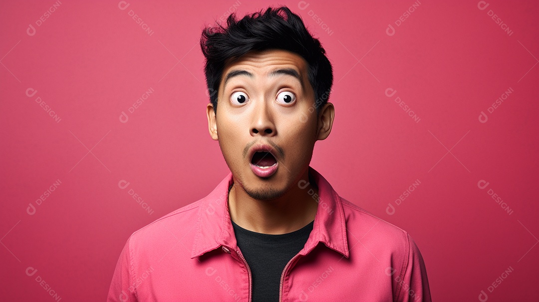 Um homem asiático fazendo uma expressão chocada em um fundo colorido
