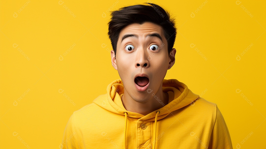 Um homem asiático fazendo uma expressão chocada em um fundo colorido