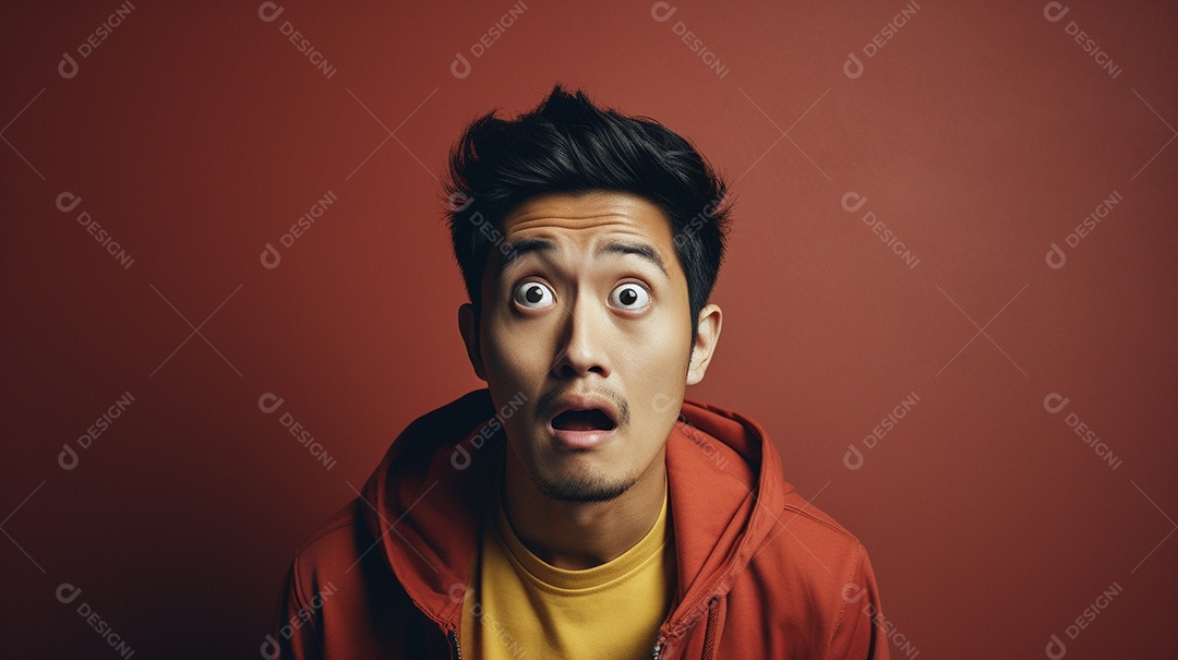 Um homem asiático fazendo uma expressão chocada em um fundo colorido