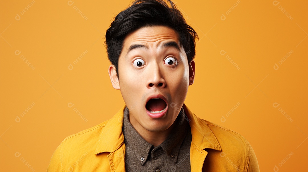 Um homem asiático fazendo uma expressão chocada em um fundo colorido