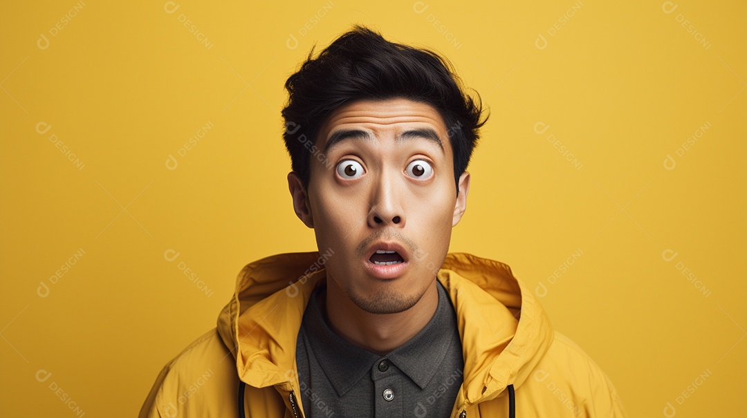 Um homem asiático fazendo uma expressão chocada em um fundo colorido
