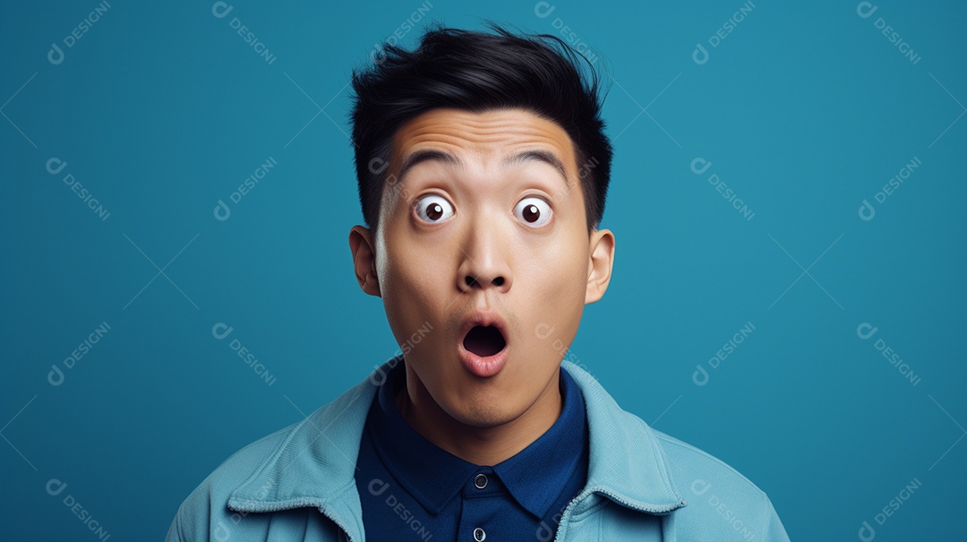 Um homem asiático fazendo uma expressão chocada em um fundo colorido