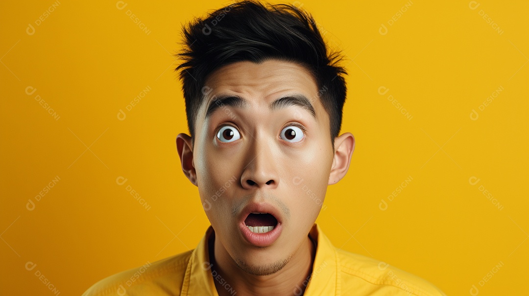 Um homem asiático fazendo uma expressão chocada em um fundo colorido