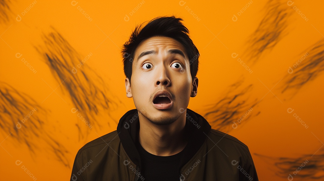 Um homem asiático fazendo uma expressão chocada em um fundo colorido