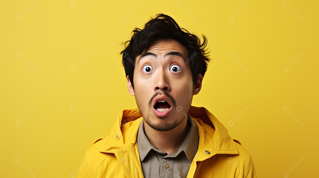 Um homem asiático fazendo uma expressão chocada em um fundo colorido