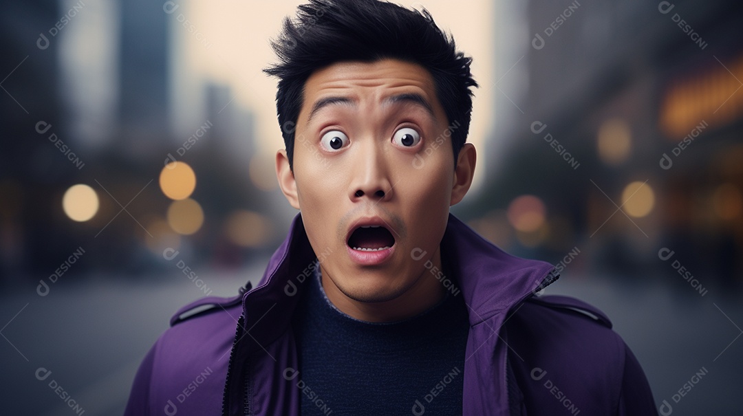 Um homem asiático fazendo uma expressão chocada em um fundo colorido
