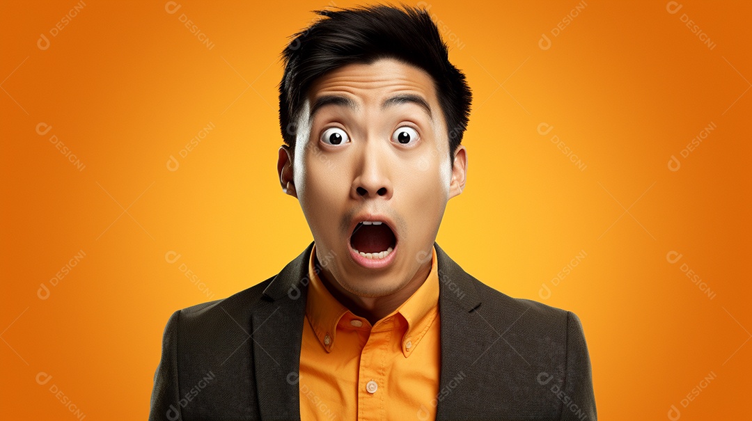 Um homem asiático fazendo uma expressão chocada em um fundo colorido