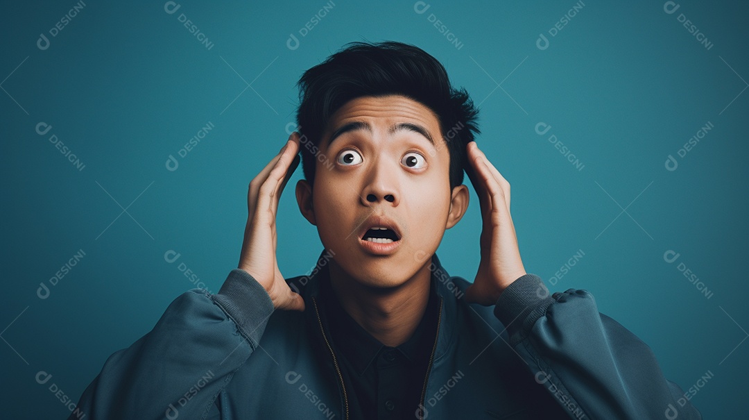 Um homem asiático fazendo uma expressão chocada em um fundo colorido
