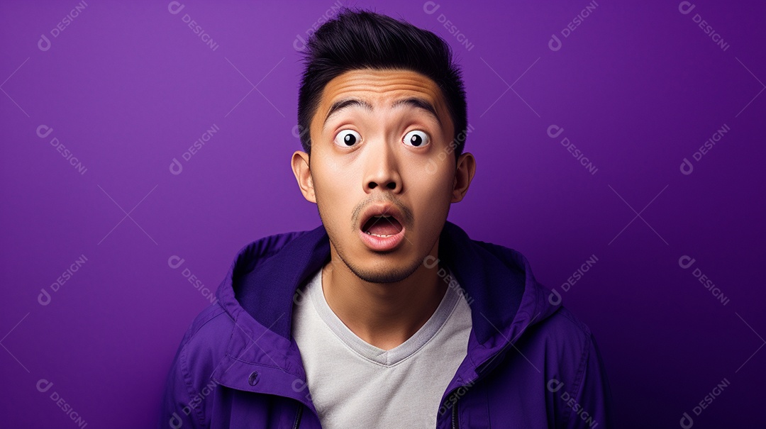 Um homem asiático fazendo uma expressão chocada em um fundo colorido