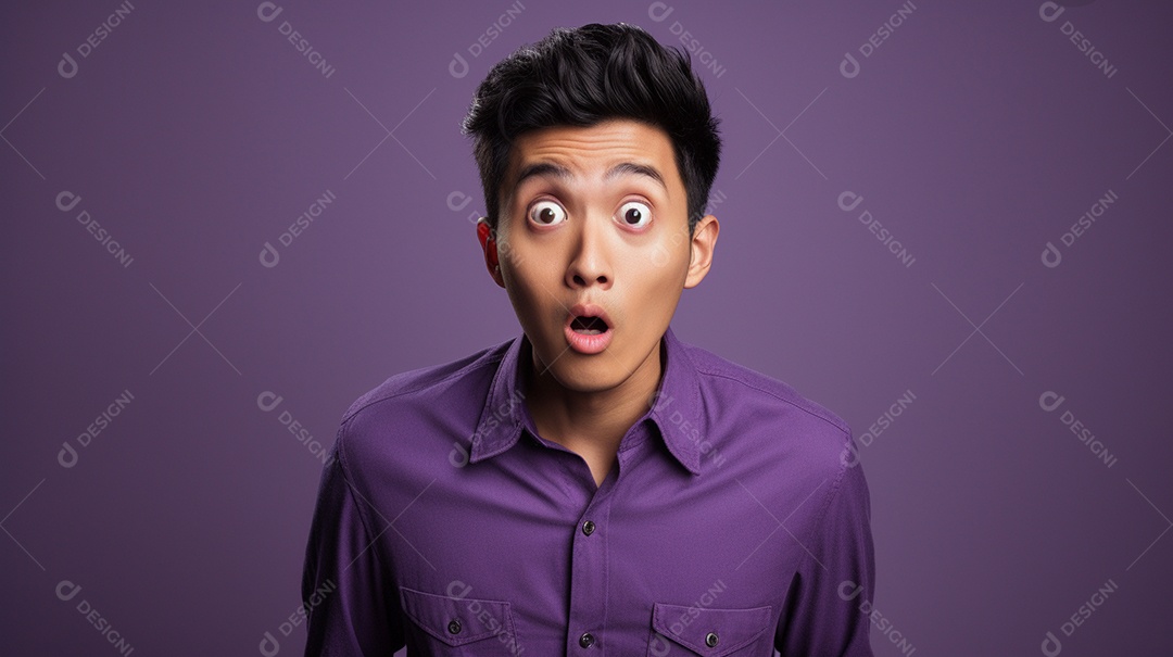 Um homem asiático fazendo uma expressão chocada em um fundo colorido