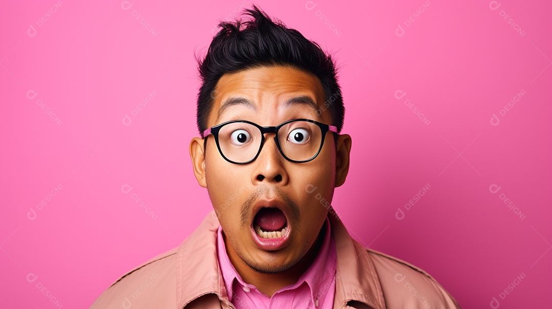 Um homem asiático fazendo uma expressão chocada em um fundo colorido