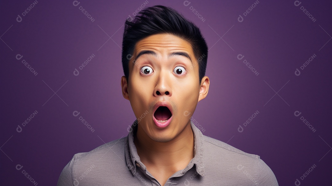 Um homem asiático fazendo uma expressão chocada em um fundo colorido
