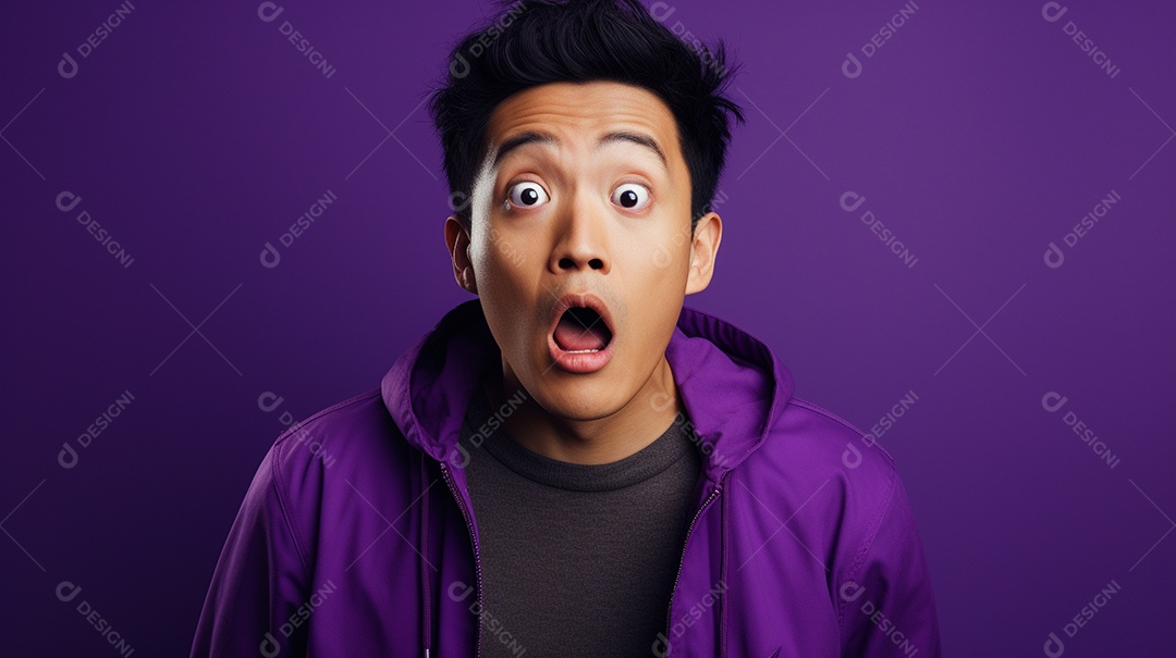 Um homem asiático fazendo uma expressão chocada em um fundo colorido