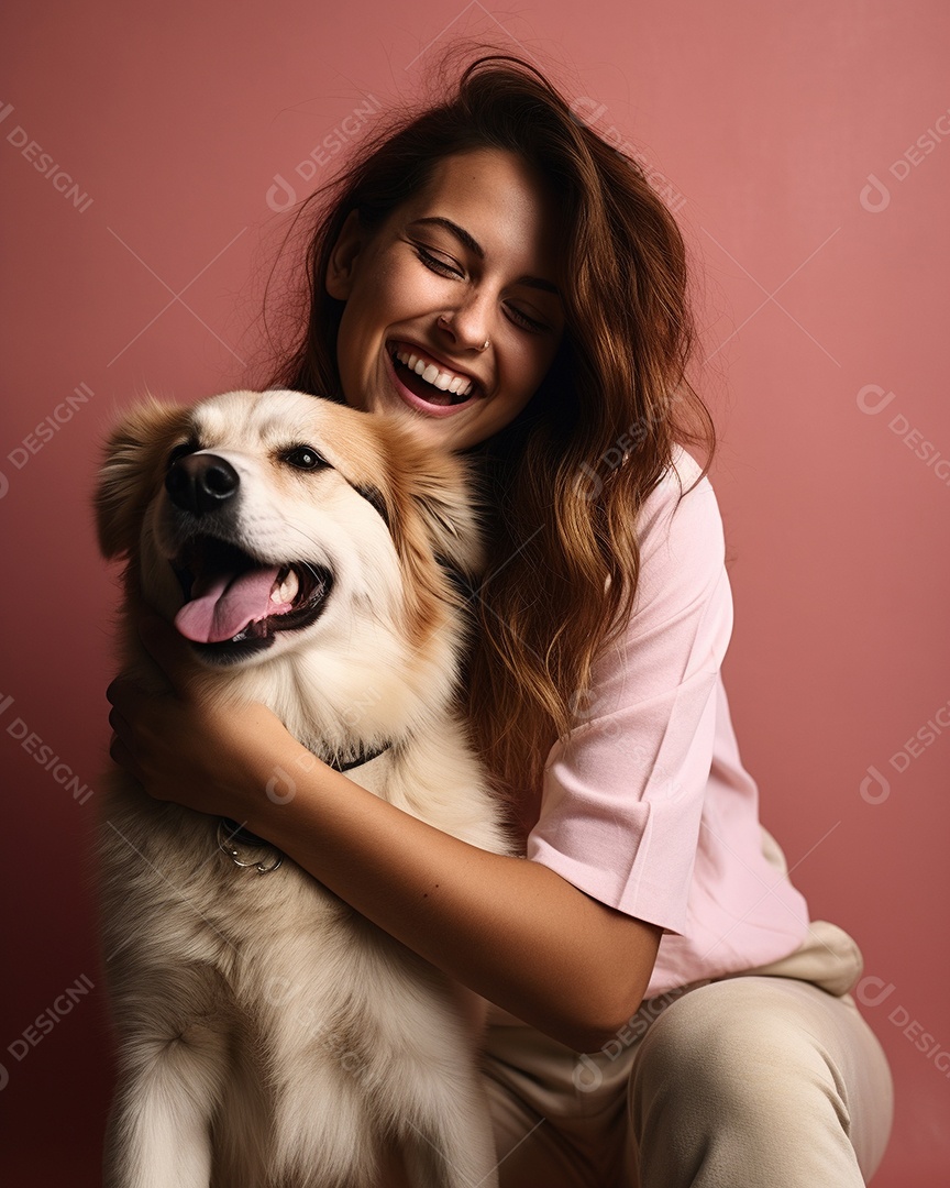 Uma mulher branca com seu cachorro acariciando seu cachorro em um fundo colorido