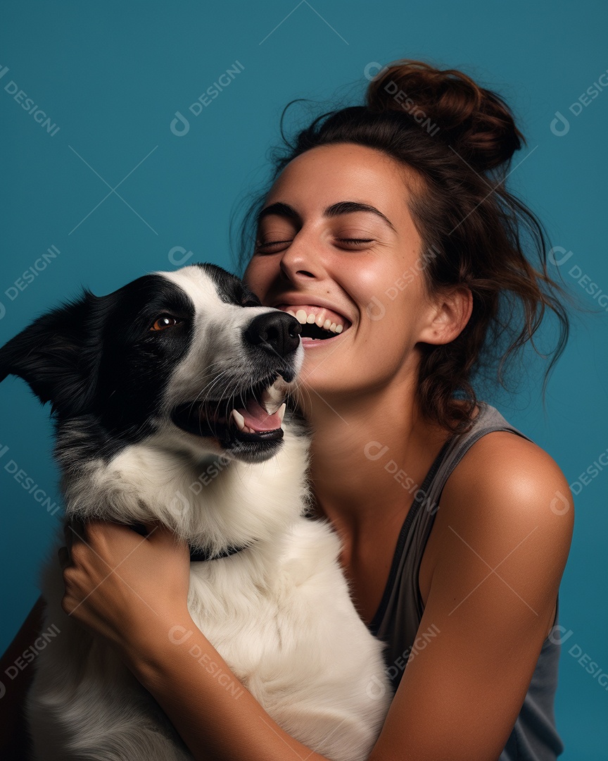 Uma mulher branca com seu cachorro acariciando seu cachorro em um fundo colorido