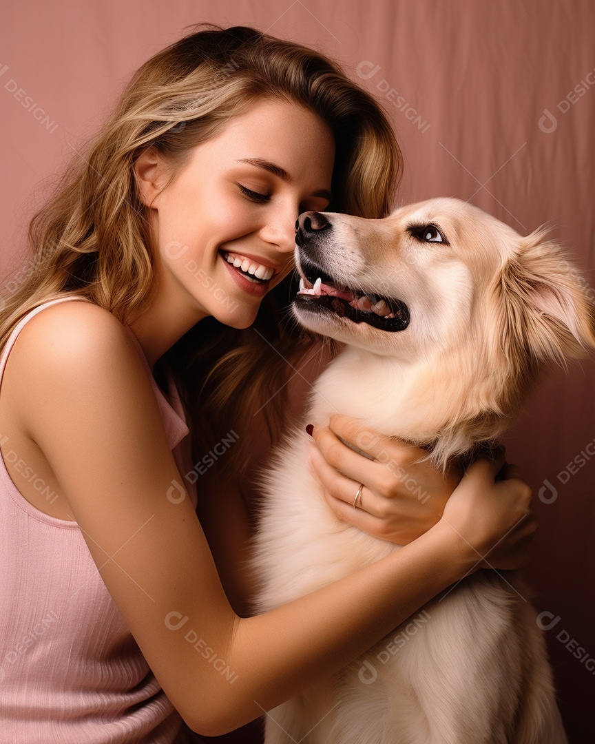 Uma mulher branca com seu cachorro acariciando seu cachorro em um fundo colorido