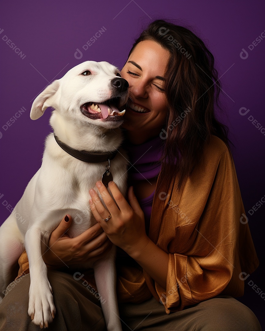 Uma mulher branca com seu cachorro acariciando seu cachorro em um fundo colorido