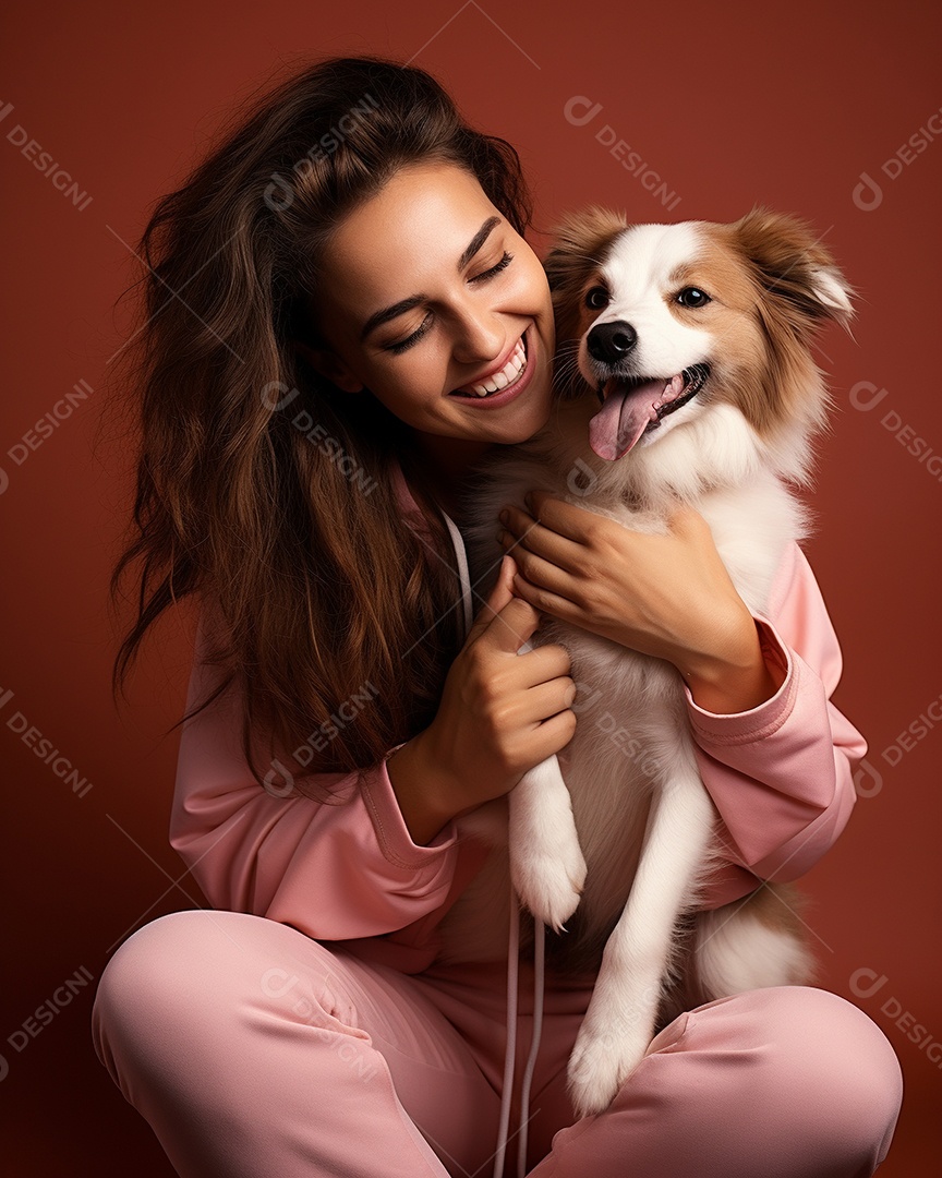 Uma mulher branca com seu cachorro acariciando seu cachorro em um fundo colorido