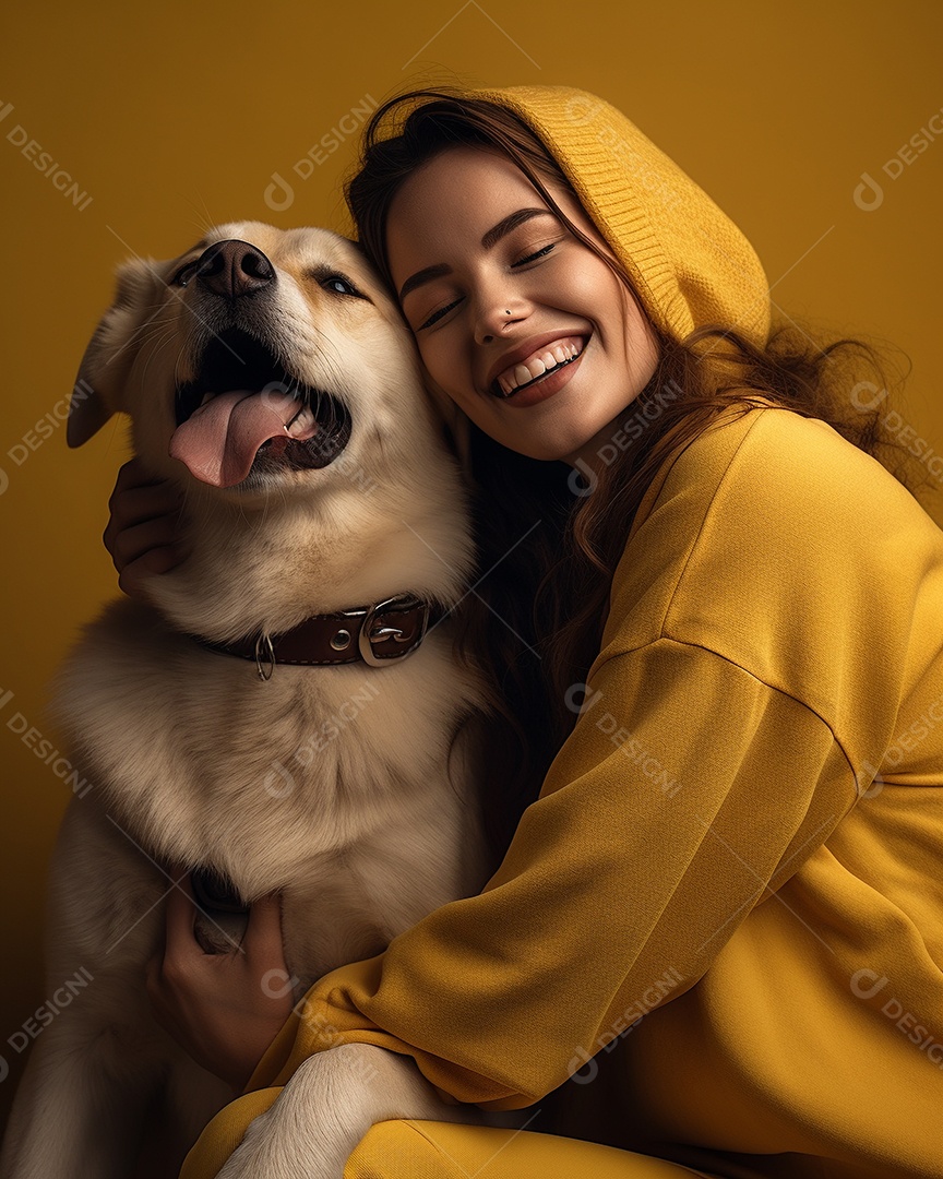Uma mulher branca com seu cachorro acariciando seu cachorro em um fundo colorido