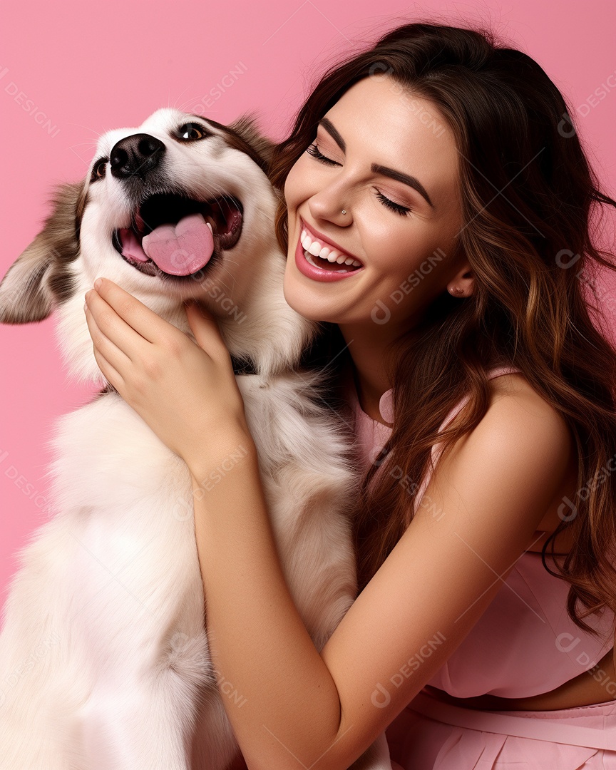 Uma mulher branca com seu cachorro acariciando seu cachorro em um fundo colorido